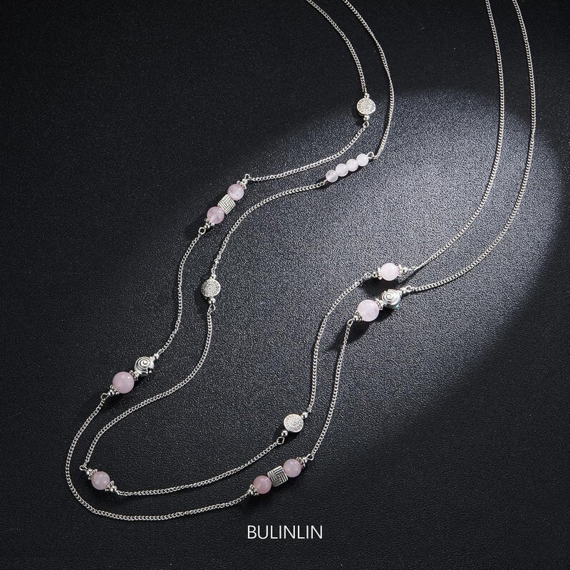 BULINLIN Layered Silver Long Necklace for Women Turquoise Stone Beaded Strand Sweater Chain Necklaces Fashion Costume Jewelry Gifts for Mom - Image 1